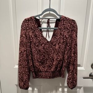 Floral V-Neck Blouse - Burgundy